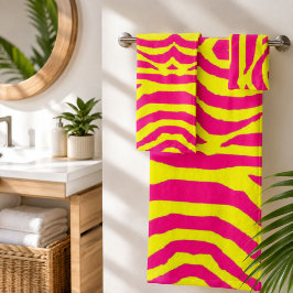 Hot Pink Neon Yellow Zebra Stripe Bold Y2K  バスタオルセット