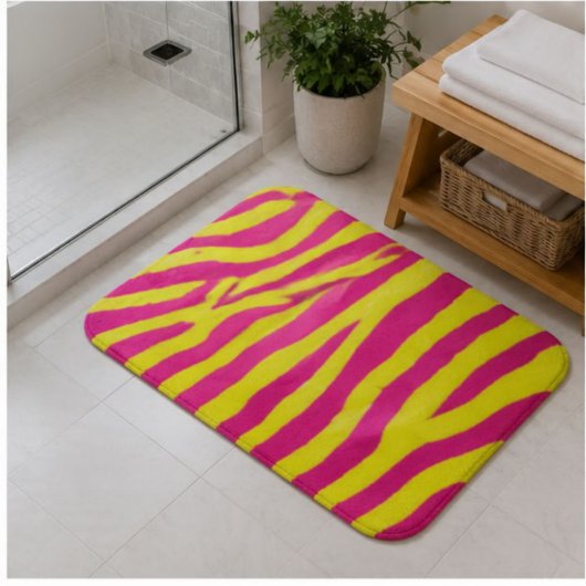 Hot Pink Neon Yellow Zebra Stripe Bold Y2K バスマット