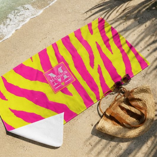 Hot Pink Neon Yellow Zebra Stripe Bold Y2K  ビーチタオル