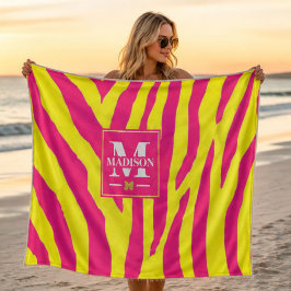 Hot Pink Neon Yellow Zebra Stripe Bold Y2K  フリースブランケット