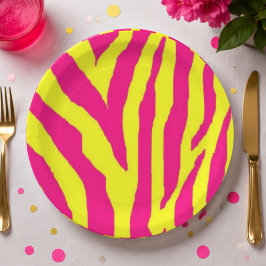 Hot Pink Neon Yellow Zebra Stripe Bold Y2K  ペーパープレート