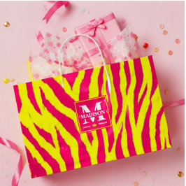 Hot Pink Neon Yellow Zebra Stripe Bold Y2K  ラージペーパーバッグ