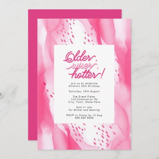 Hot Pink Older, Wiser, Hotter 30th Birthday 招待状 (正面/裏面)