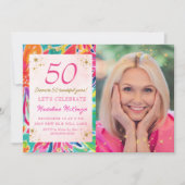 Hot Pink Orange Flowers Gold Glitter Photo 50th 招待状 (正面)