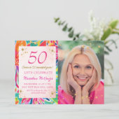 Hot Pink Orange Flowers Gold Glitter Photo 50th 招待状 (スタンド正面)