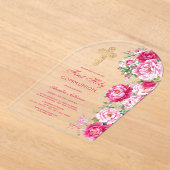 Hot Pink Peonies Arch First Communion アクリル招待状 (レイダウン)