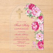 Hot Pink Peonies Arch First Communion アクリル招待状 (正面)