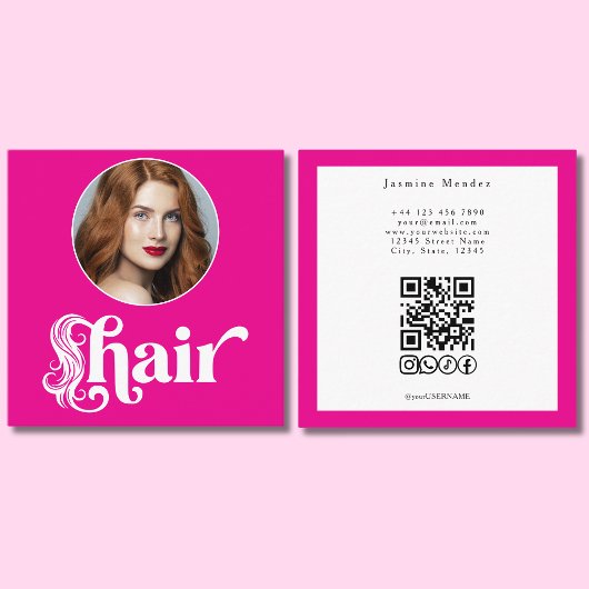 Hot Pink Photo Hair Stylist QR Socials Square スクエア名刺