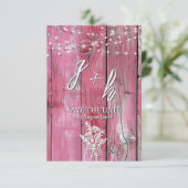 Hot Pink Rustic Wood String Lights Boho Mason Jar セーブザデート (スタンド正面)