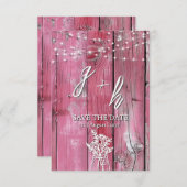 Hot Pink Rustic Wood String Lights Boho Mason Jar セーブザデート (正面/裏面)