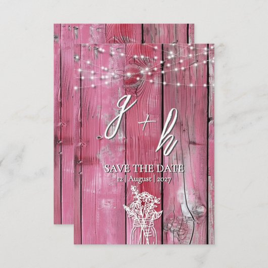 Hot Pink Rustic Wood String Lights Boho Mason Jar セーブザデート (正面/裏面)