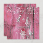 Hot Pink Rustic Wood String Lights Save the Dates (正面/裏面)