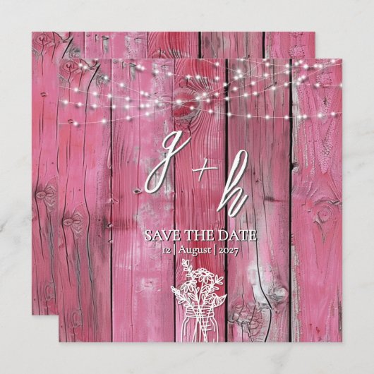 Hot Pink Rustic Wood String Lights Save the Dates (正面/裏面)