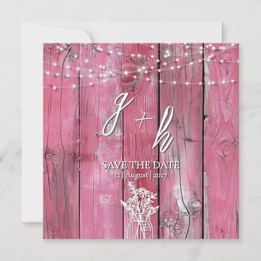 Hot Pink Rustic Wood String Lights Save the Dates (正面)