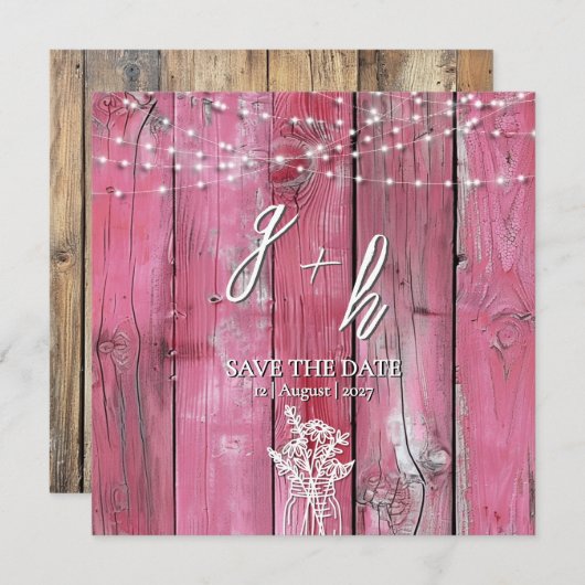 Hot Pink Rustic Wood String Lights Save the Dates (正面/裏面)