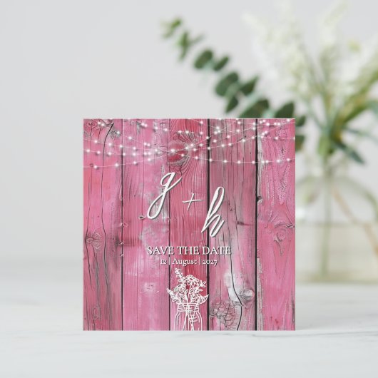 Hot Pink Rustic Wood String Lights Save the Dates (スタンド正面)