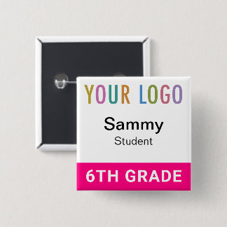 Hot Pink Student Name Tag Button with School Logo 缶バッジ