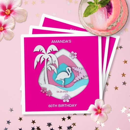 Hot Pink Tropical Flamingo 60th Birthday Party スタンダードカクテルナプキン