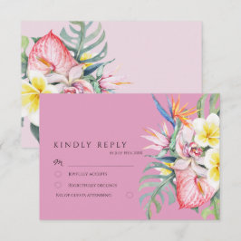 Hot Pink Tropical Floral Botanical Wedding 出欠カード