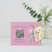Hot Pink Tropical Floral Hawaii QR Code Wedding 出欠カード (スタンド正面)
