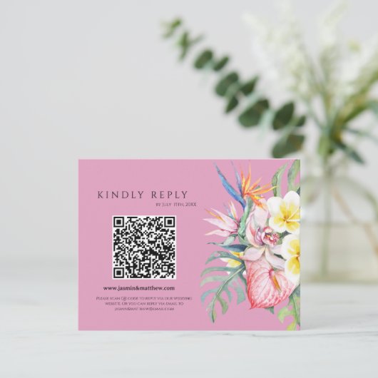 Hot Pink Tropical Floral Hawaii QR Code Wedding 出欠カード (スタンド正面)