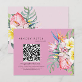 Hot Pink Tropical Floral Hawaii QR Code Wedding 出欠カード