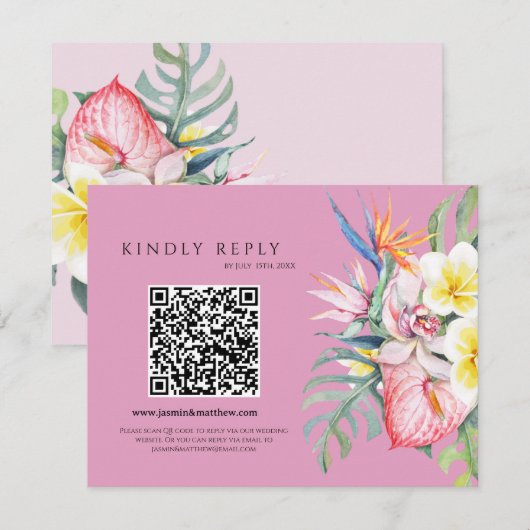 Hot Pink Tropical Floral Hawaii QR Code Wedding 出欠カード (正面/裏面)