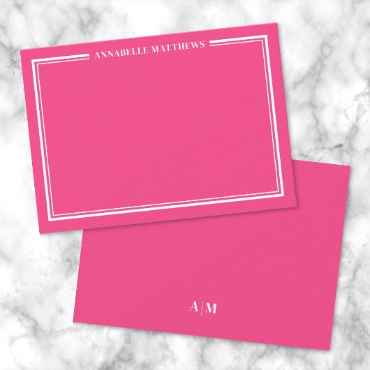 Hot Pink Two Border Minimalist Name Monogram ノートカード