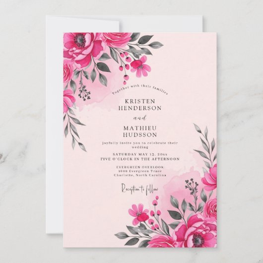 Hot Pink Watercolor Spring Wedding 招待状 (正面)
