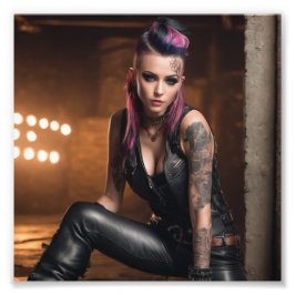 Hot Punk Tattoo Girl in Leather in Dance Studio フォトプリント