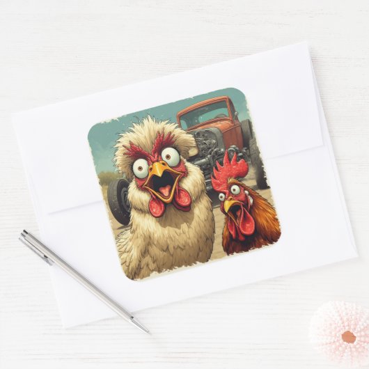 “Hot Rod Hens”  Cheesy Chickens Sticker スクエアシール (封筒)