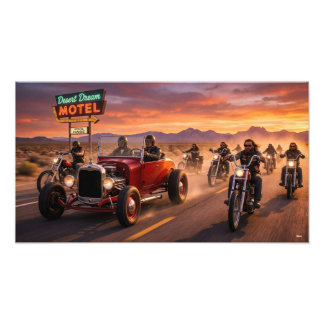 Hot rods and Hells and bikes on the road フォトプリント