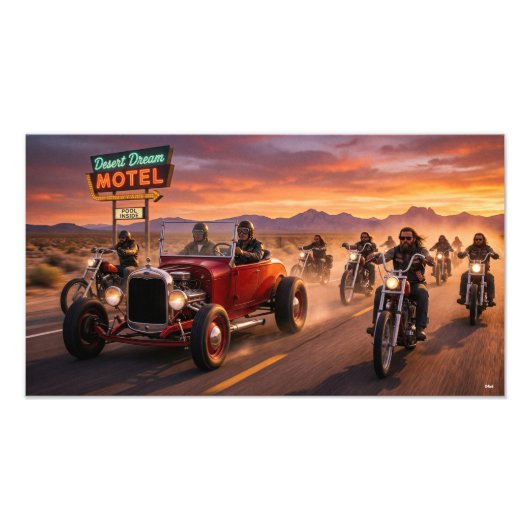 Hot rods and Hells and bikes on the road フォトプリント (正面)