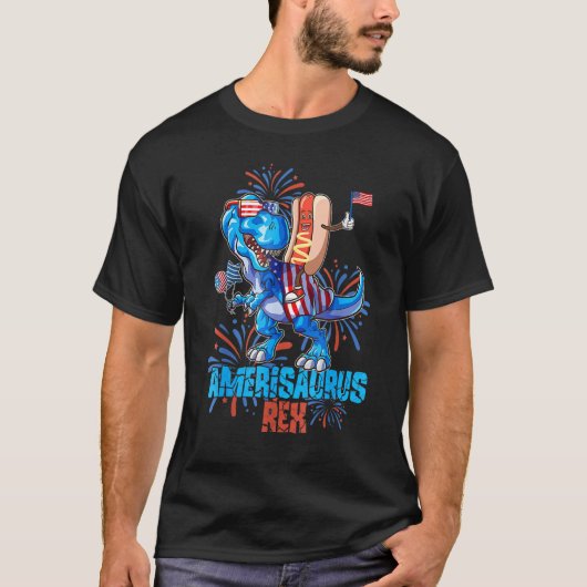 Hotdog Rex Dinosaur 4th of July Amerisaurus Tシャツ (正面)