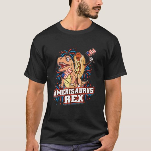 Hotdog T Rex Dinosaur 4th of July Amerisaurus Funn Tシャツ (正面)
