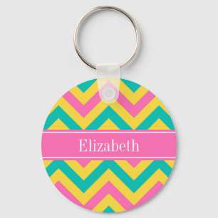 HotPink2 Teal Pineapple LG Chevron Name Monogram キーホルダー