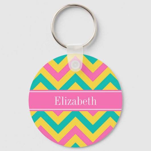 HotPink2 Teal Pineapple LG Chevron Name Monogram キーホルダー (正面)