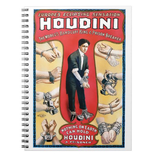 Houdini Magician 1909ヴィンテージポスター復元 ノートブック (正面)