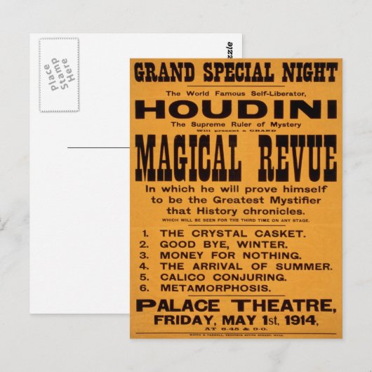 Houdini's Magical Revue, 1914 ポストカード (正面/裏面)