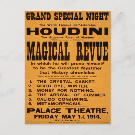 Houdini's Magical Revue, 1914 ポストカード (正面)