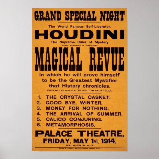 Houdini's Magical Revue, 1914.ヴィンテージ広告の ポスター (正面)