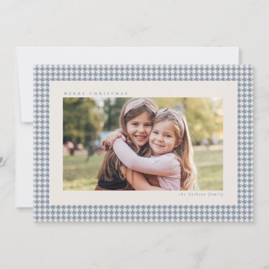 Houndstooth frame light blue three photo Christmas シーズンカード (正面)