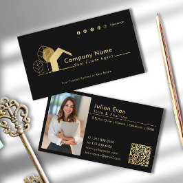 Houseロゴモダンフォトブラックと金ゴールド不動産仲介業者 名刺