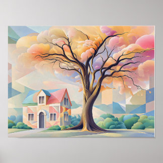 House and Tree in Art Deco Pastels ポスター