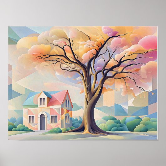 House and Tree in Art Deco Pastels ポスター (正面)
