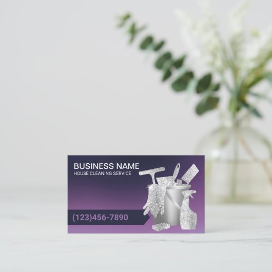 House Cleaning モダン Purple & Silver Maid Service 名刺 (スタンド正面)