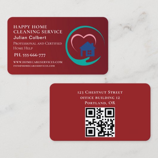 House Cleaning Home Services Charming Red qr code 名刺 (正面/裏面)