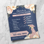 House Cleaning Maid Service Floral Navy Blue チラシ<br><div class="desc">Modern House Cleaning Maid Service Elegant Floral Flyers.</div>