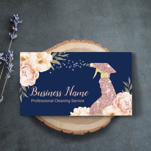 House Cleaning Rose Gold Spray Modern Floral Navy 名刺