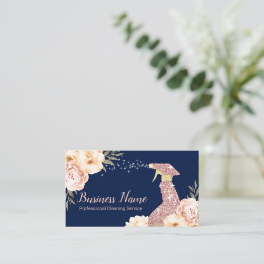 House Cleaning Rose Gold Spray Modern Floral Navy  名刺 (スタンド正面)
